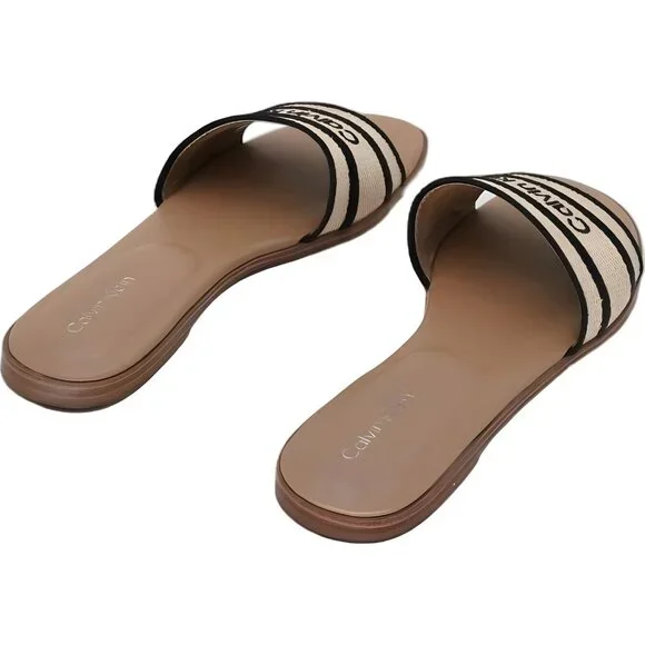 Calvin Klein Kendell Logo Slide Sandals Natural/Black Women US 6M - Picture 3 of 6